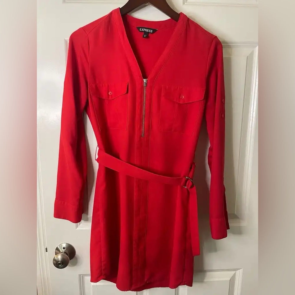 Express Long-sleeve red dress with belt and zipper front, size XS